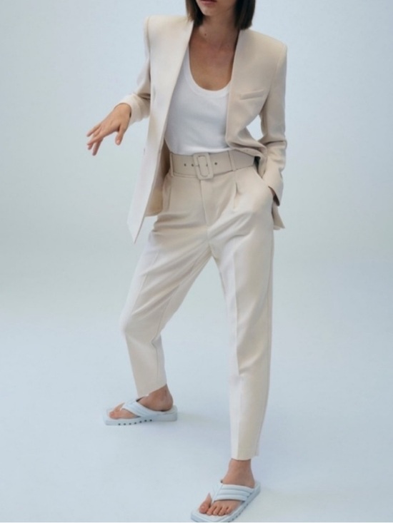 Zara Other - Zara Beige High-Waist Belted Tapered Chinos